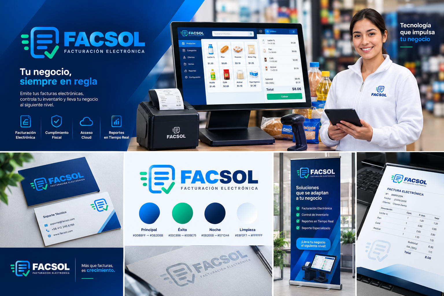 Showcase de Identidad FACSOL: Uniforme, Tarjetas, POS y Laptop